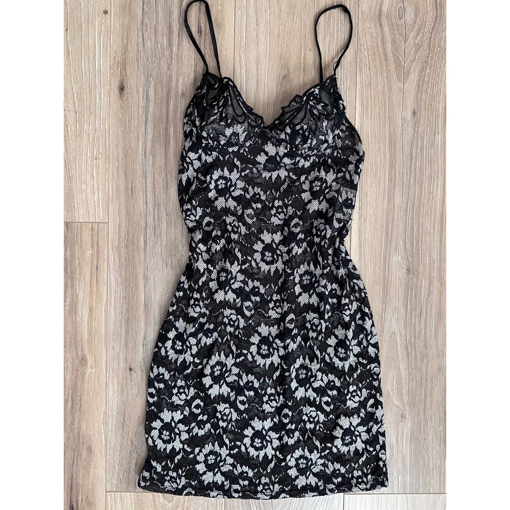 Natori Vintage Floral Sheer Lace Y2K Mini Slip Dress M Dark Romantic Whimsigoth